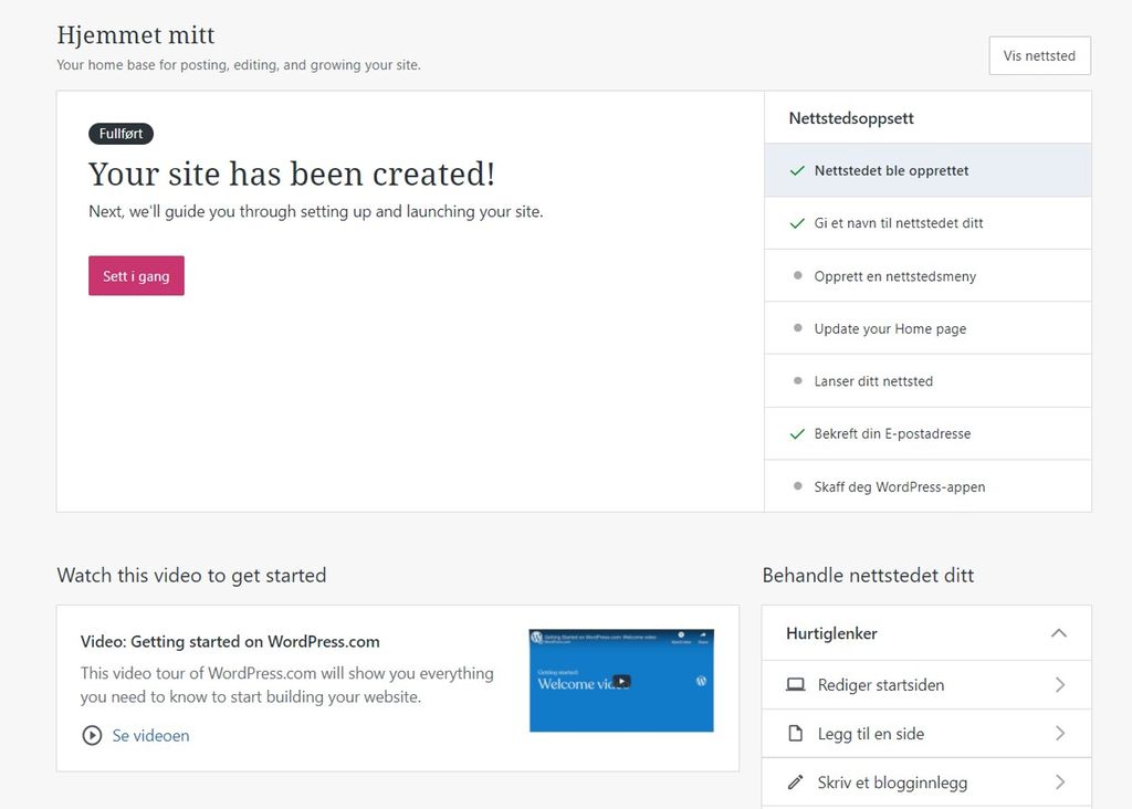 Startside i Wordpress med en rekke steg du må gjennom for å komme i gang med en nettside. Skjermbilde.