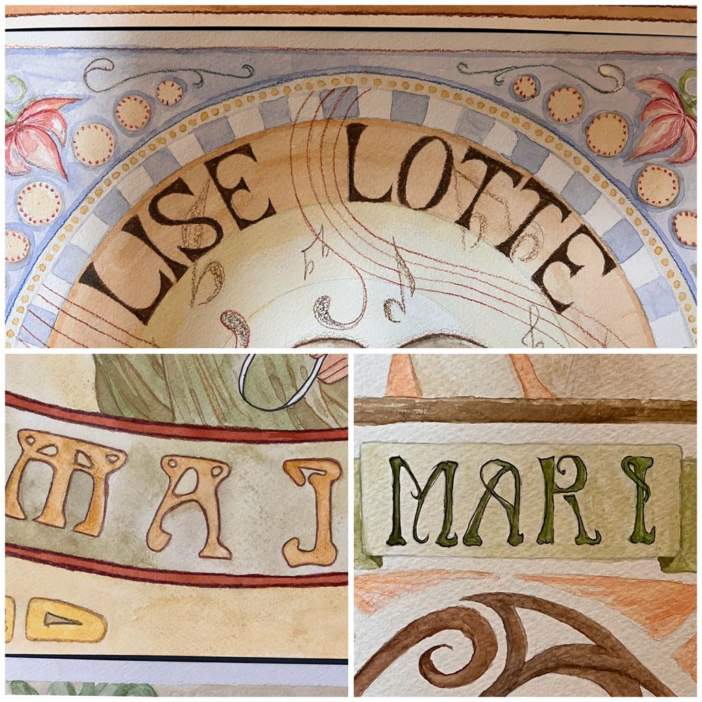 Kollasj der tre jentenavn er utformet i skrifttyper i art nouveau-stil. Foto.