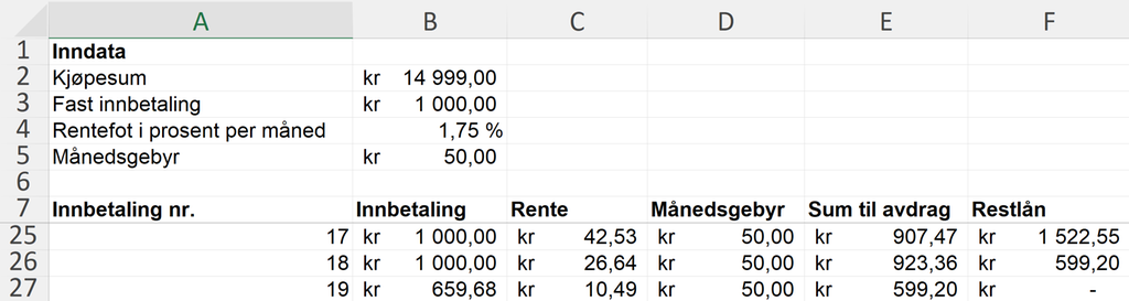 Eksempel på hvordan regnearket til oppgave 1 c) kan se ut. Regnearket finnes i sin helhet i løsningsfila, som er lagt ved lenger ned på siden. Skjermutklipp.