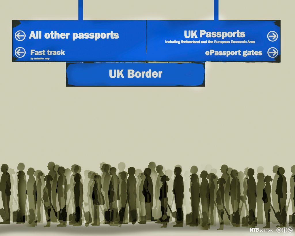 Long queue for passport control at UK border. Illustration.