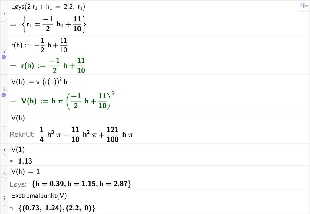 Utklipp frå CAS i GeoGebra. På linje 1 er det skrive Løys parentes 2 r 1 pluss h 1 er lik 2,2 komma, r 1 parentes slutt. Svaret er r 1 er lik minus ein halv h 1 pluss 11 tidelar. På linje 2 er r av h definert som minus ein halv h pluss 11 tidelar. På linje 3 er funksjonen V av h definert som lik pi multiplisert med parentes r av h parentes slutt i andre multiplisert med h. På linje 4 er det skrive V av h. Svaret med ReknUt er ein fjerdedels h i tredje pi minus 11 tidelar h i andre pi pluss 121 hundredelar h pi. På linje 5 er V av 1 rekna ut med tilnærming til 1,13. På linje 6 er det skrive V av h er lik 1. Svaret med Løys er h er lik 0,39, h er lik 1,15 eller h er lik 2,87. På linje 7 er det skrive Ekstremalpunkt parentes V parentes slutt. Tilnærma svar er punktet med koordinatane 0,73 og 1,24 og punktet med koordinatane 2,2 og 0. Skjermutklipp.