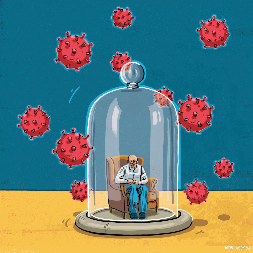 Tegning av eldre mann som sitter i lenestol under glassklokke. Symboliserer isolasjon under pandemien. Illustrasjon.