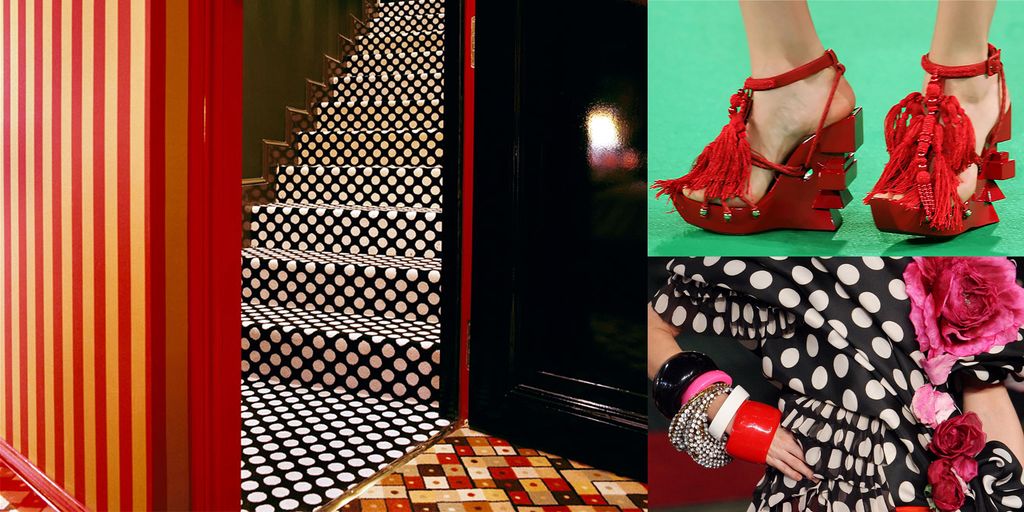 Maksimalistisk interiør og klesmote. Fotokollasj.