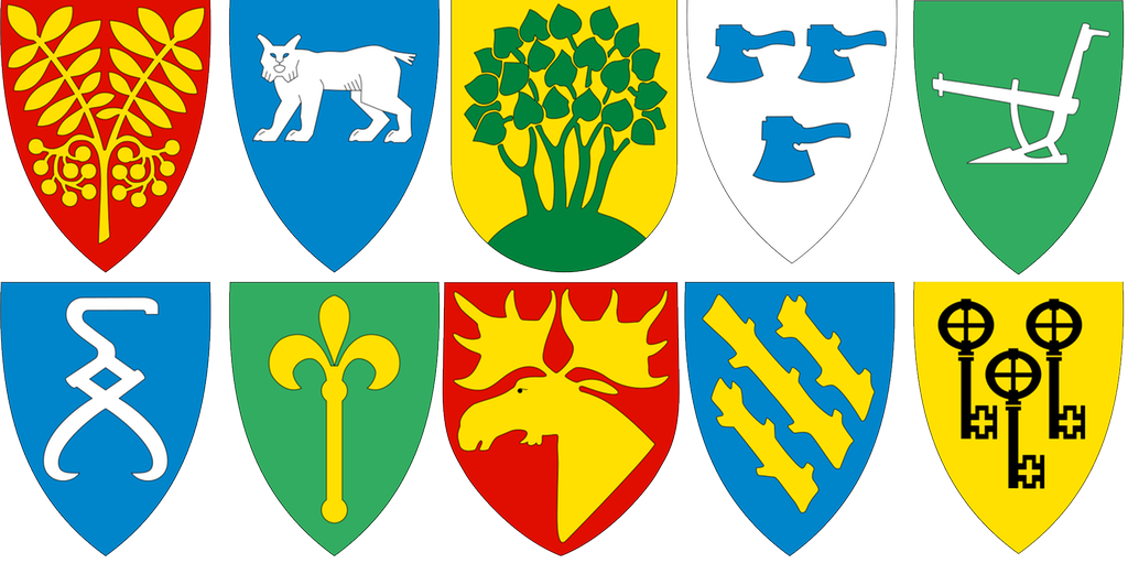 Ti ulike kommunevåpen. Grafikk.