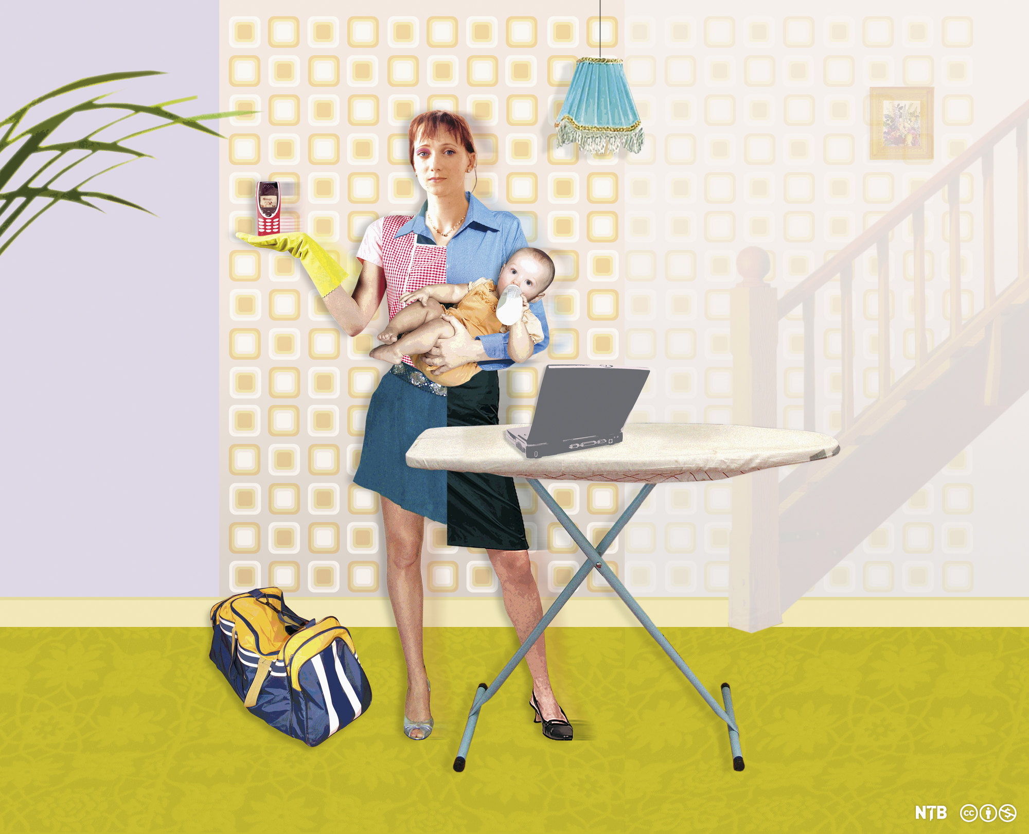 Mother with ironing board holding cell phone and baby. Photo.