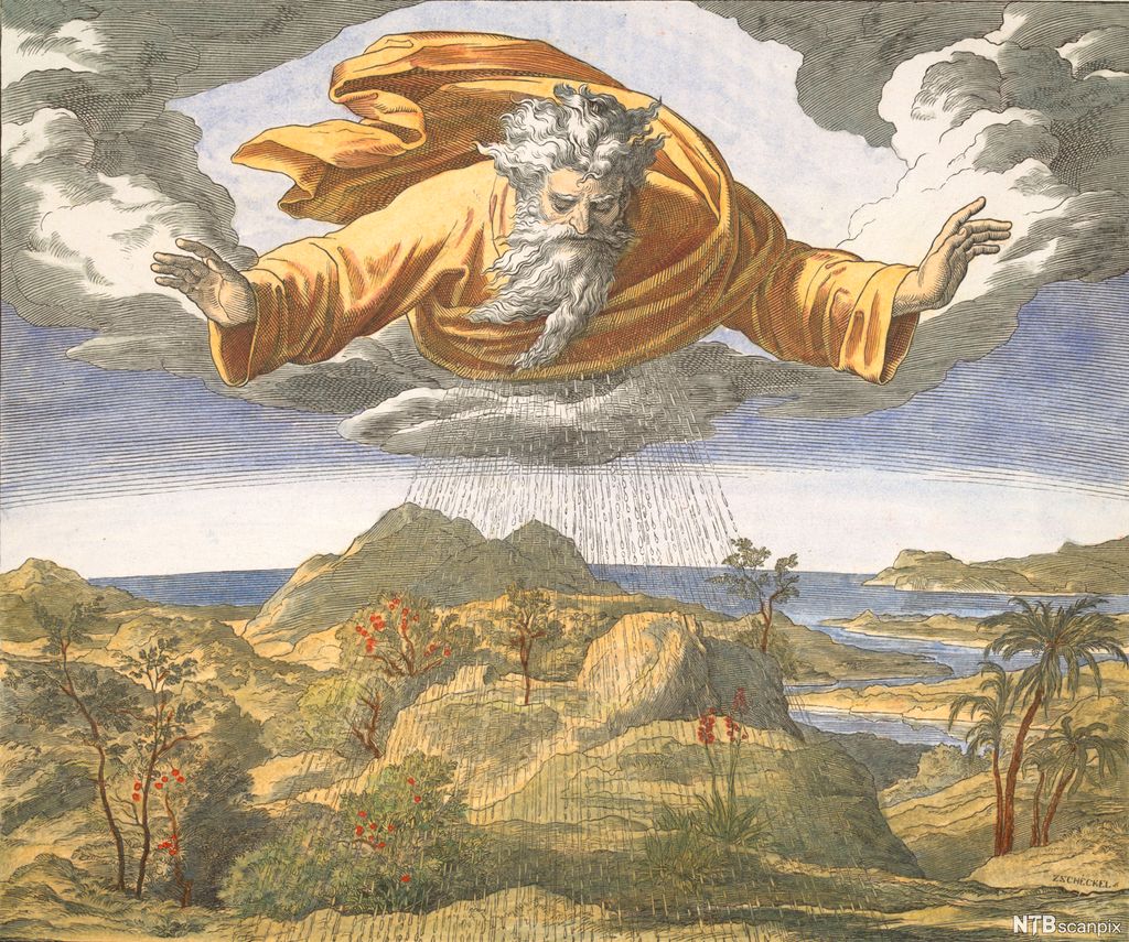 Mann med grått hår og skjegg iført oransje kappe svever over landskap med hendene ut til siden. Maleri.