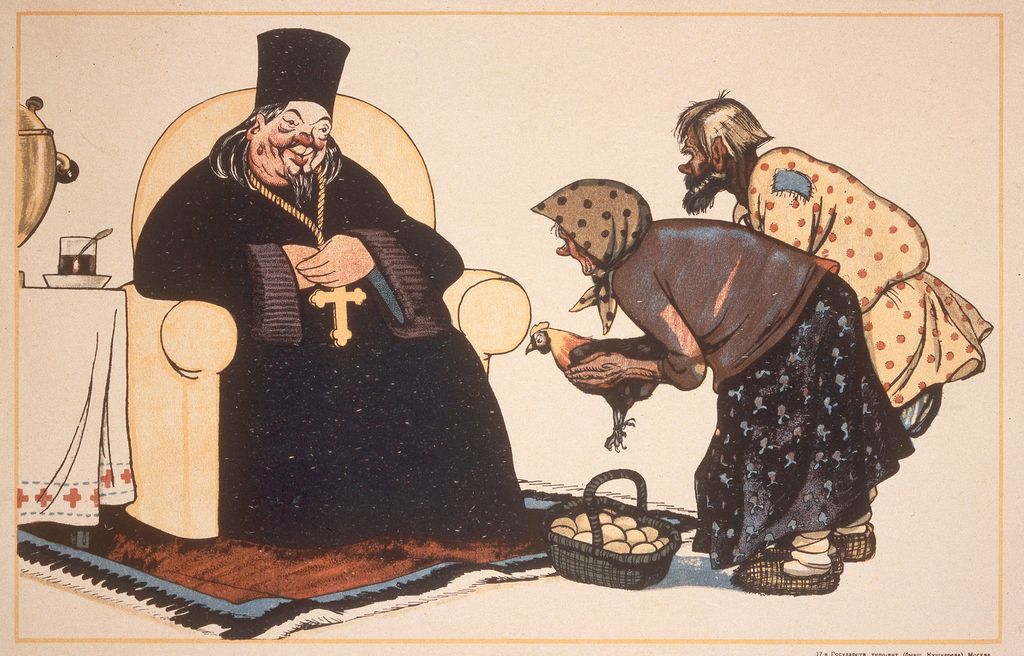 Karikaturteikning av biskop med svart kappe som får egg og ei høne frå eit fattig, gammalt par. Illustrasjon.
