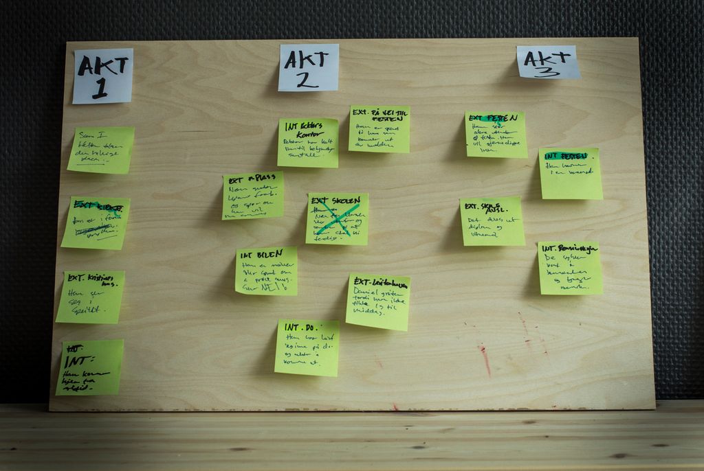 Gule post-it-lappar sorterte under overskriftene akt 1, akt 2 og akt 3 på ei treplate. Foto.