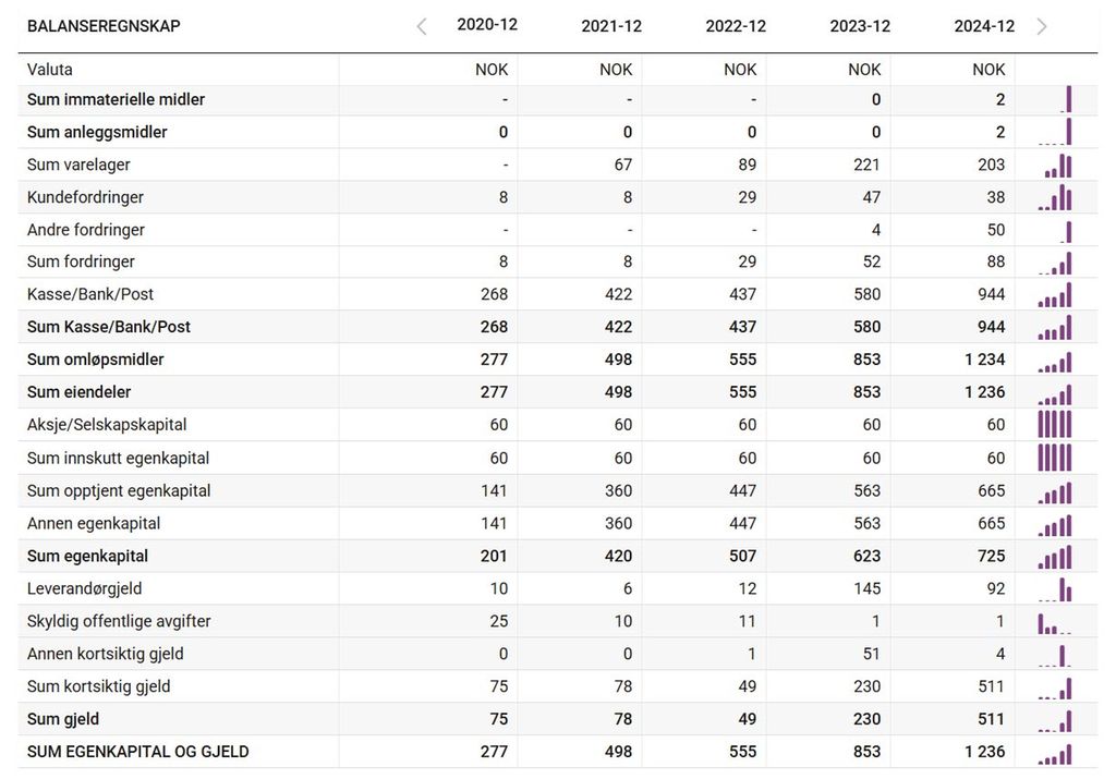 Tabell med balanseregnskapet for Oppegård brus AS for årene 2020–2024. Tabellen kan nås via lenka Regnskapstall for Oppegård brus AS på proff.no under. Skjermutklipp.
