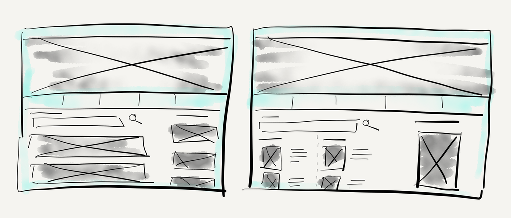 To skisser som viser ulik måter for organsiering av innholdselementer på en nettside. Illustrasjon.