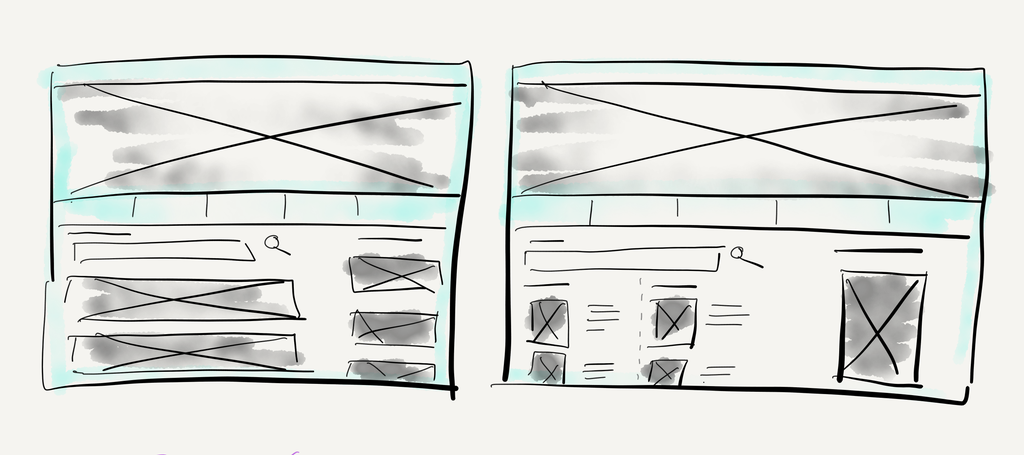 To skisser som viser ulik måter for organsiering av innhaldselement på ei nettside. Illustrasjon.