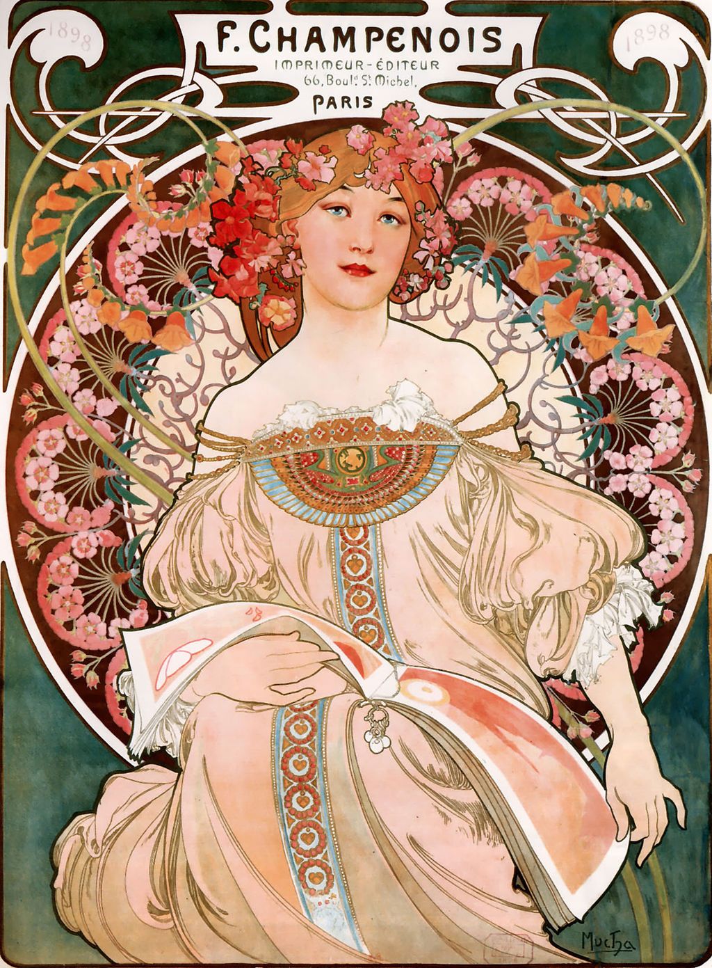 Litografi av kvinne omgitt av blomsterornamentikk. Illustrasjon.