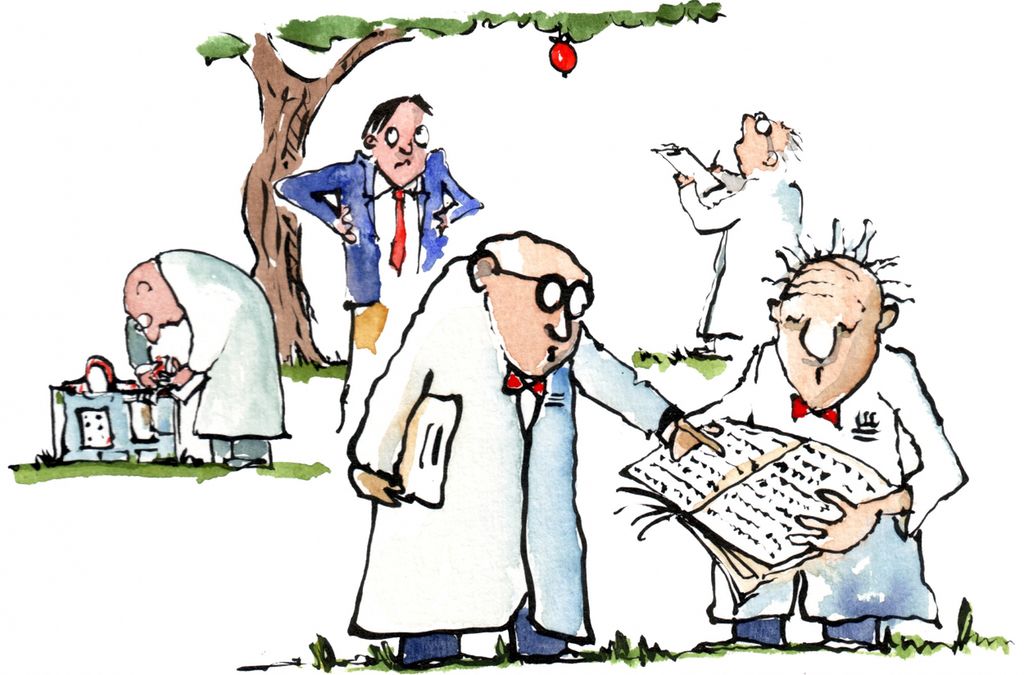 Flere forskere arbeider ved et epletre. Tegning.