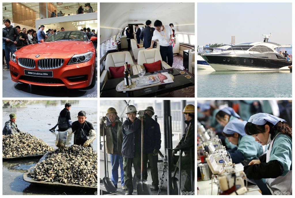 Sammensatte bilder av BMW, cabincruiser, privatfly, bønder og industriarbeidere i Kina. Kollasj.