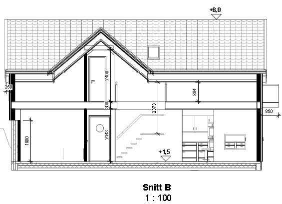Tegning som viser tverrsnittet av et hus på to etasjer. Mål og målestokk, 1 til 100, er skrevet inn. Illustrasjon.