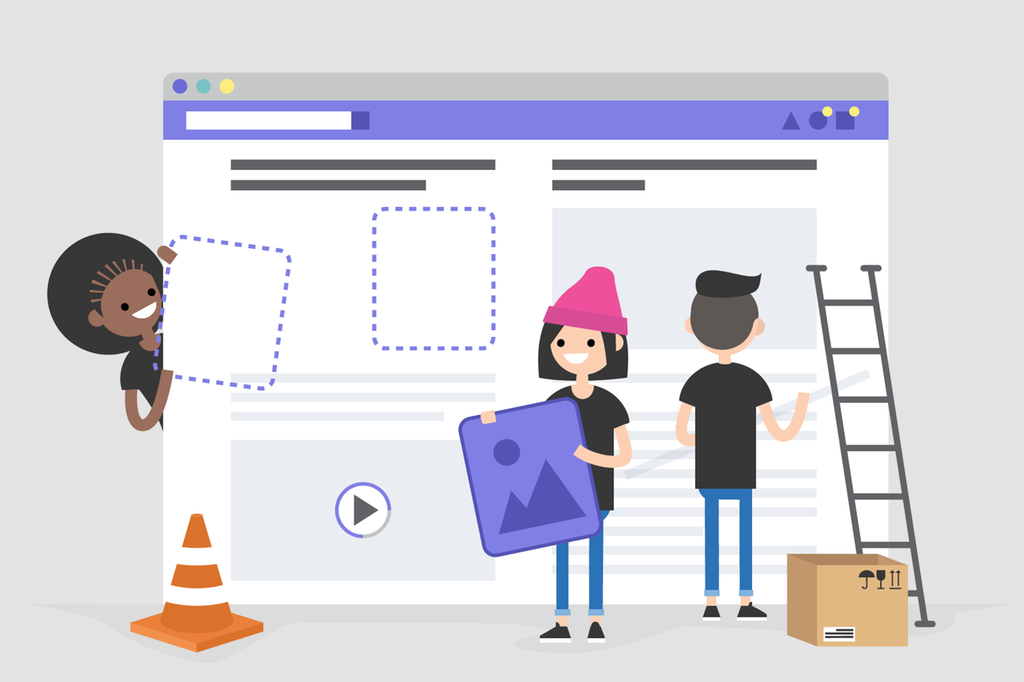 Illustrasjon som viser personer som bygger en nettside. Nettsiden er framstilt som en konkret vegg, og utviklerne er arbeidere som bærer på ikoner, flytter på elementer og så videre.