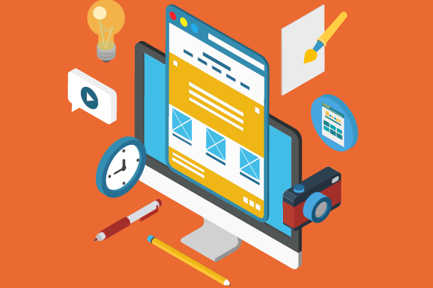 Illustrasjon av en dataskjerm. Det som kan se ut som et stående nettbrett, er plassert på skjermen. En nettside er på nettbrettet. Ulike gjenstander rundt dataskjermen: et fotoapparat, en blyant, en penn, ei klokke, ei lyspære, ei snakkeboble, et ark med pensel. 