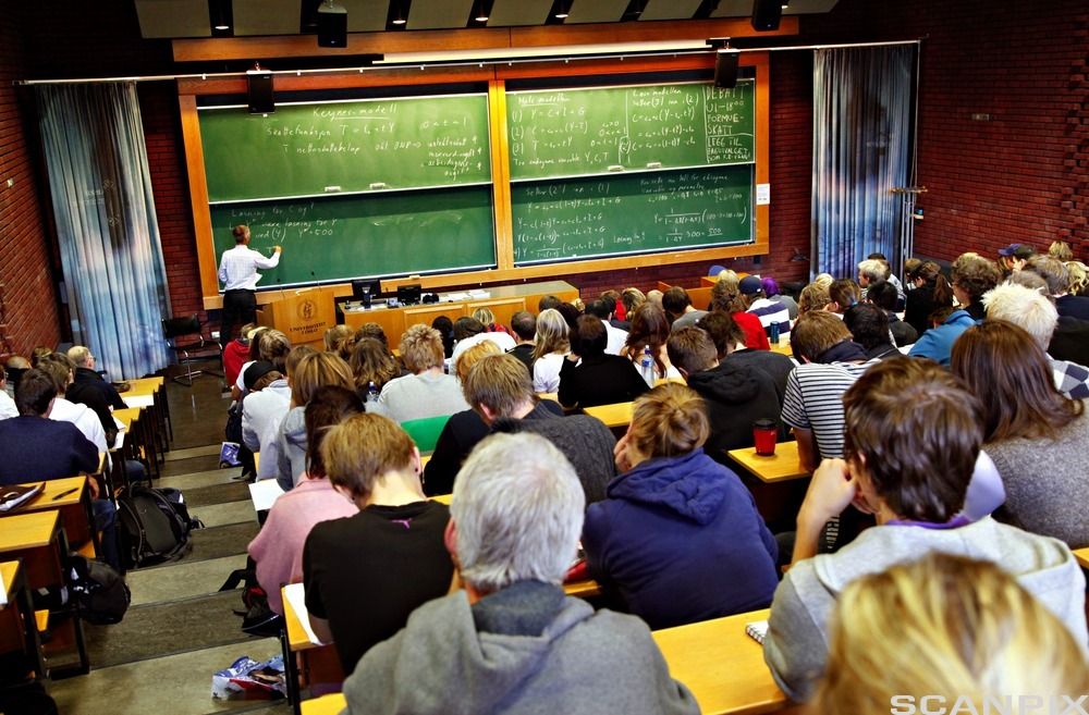 Studenter sitter i et auditorium. Foto. 