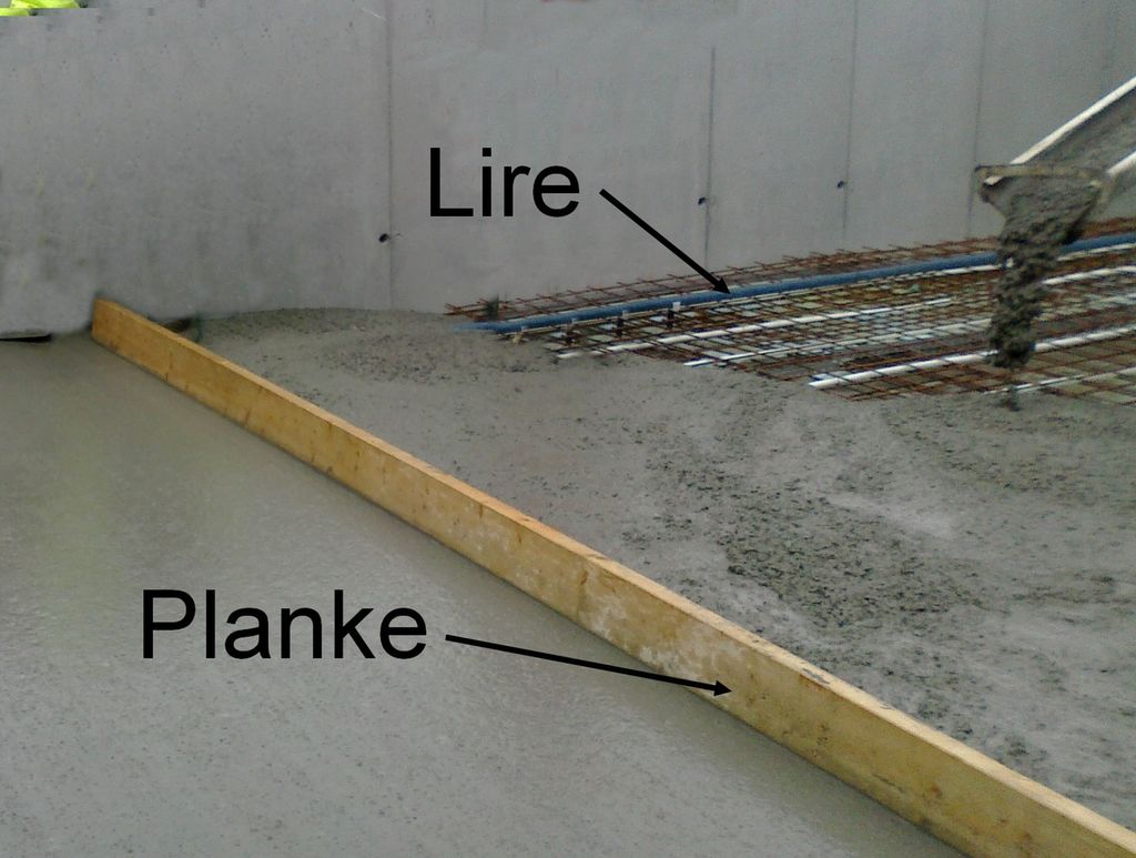 Støping av betonggulv og avretting med planke. Foto.