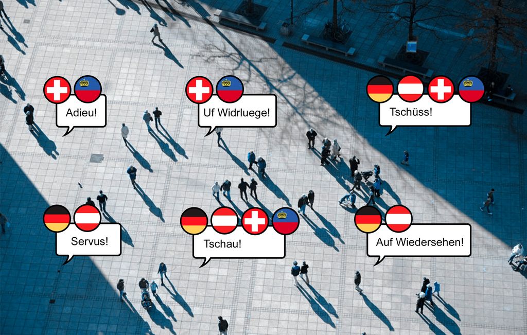 Adieu, uf Widrluege, tschüss, servus, tschau, auf wiedersehen. Fotoillustrasjon.