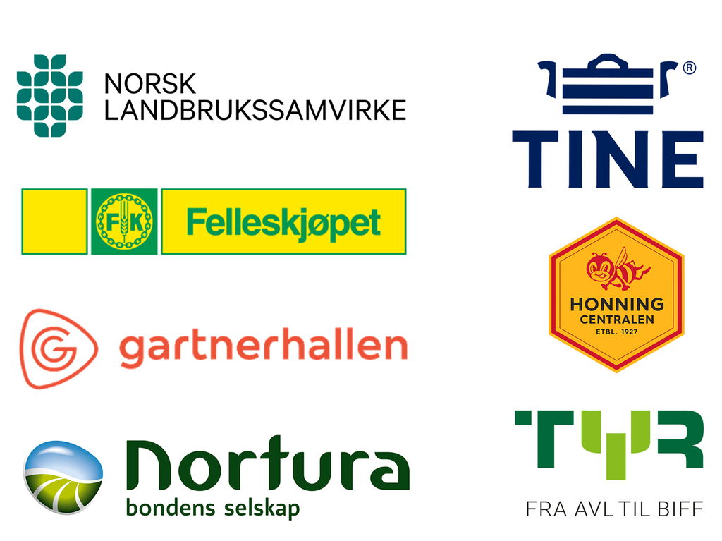 Kollasj av logoene til Norsk landbrukssamvirke, Felleskjøpet, Gartnerhallen, Nortura, Tine, Honningcentralen og Tyr. Illustrasjon.