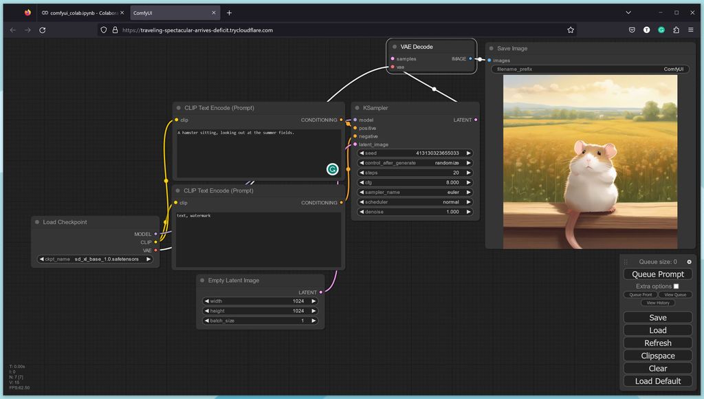 Nettleservindu med en rekke bokser som er koblet sammen med ledninger. Forskjellige bokser gjør forskjellige oppgaver under KI-bildegenereringen. Lengst til høyre er et KI-generert bilde av ei mus. Skjermbilde.