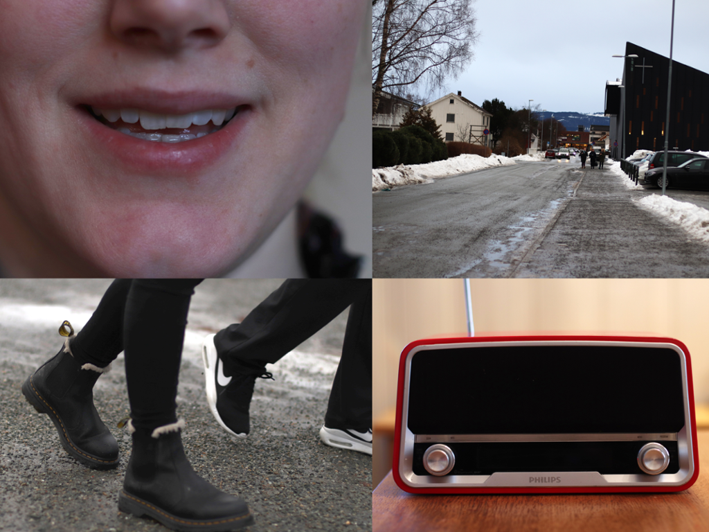 Fire ulike bilder: nærbilde av munn, et gatebilde, føtter som går og radio. Foto. 