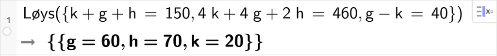 CAS-utrekning med GeoGebra. På linje 1 er det skrive Løys parentes sløyfeparentes k pluss g pluss h er lik 150 komma, 4 k pluss 4 g pluss 2 h er lik 460, g minus k er lik 40 sløyfeparentes slutt parentes slutt. Svaret er g er lik 60 og h er lik 70 og k er lik 20. Skjermutklipp.