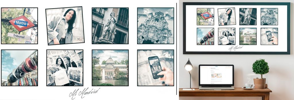 To bilder. Det ene er en kollasj med 8 bilder fra Madrid som har tittelen "Mi Madrid". Til høyre henger kollasjen innrammet på en vegg. Foto.