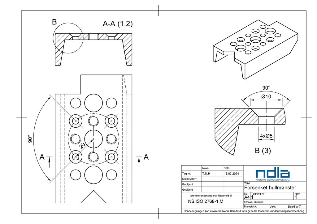 Teknisk tegning av en U-forma metalldel med mange hull. Det er lagt til fire nye hull som skal plasseres med jevne avstander seg imellom rundt et stort hull midt på delen. Avstanden fra senterpunktet i det store hullet og ut til senterpunktet i hvert av de fire nye hulla er 20 millimeter. Tegninga inneholder også et tverrsnitt av delen som viser at hulldiameteren er 5 millimeter i bunnen og 10 mm i toppen, og at vinkelen på fasen er 45 grader på hver side. 