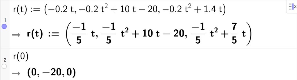 Skjermutklipp fra CAS-vinduet i GeoGebra. På linje 1 er r av t definert med koordinatene minus 0,2 t, minus 0,2 t i andre pluss 10 t minus 20 og minus 0,2 t i andre pluss 1,4 t. På linje 2 er r av 0 regnet ut til koordinatene 0, minus 20 og 0. Skjermutklipp.