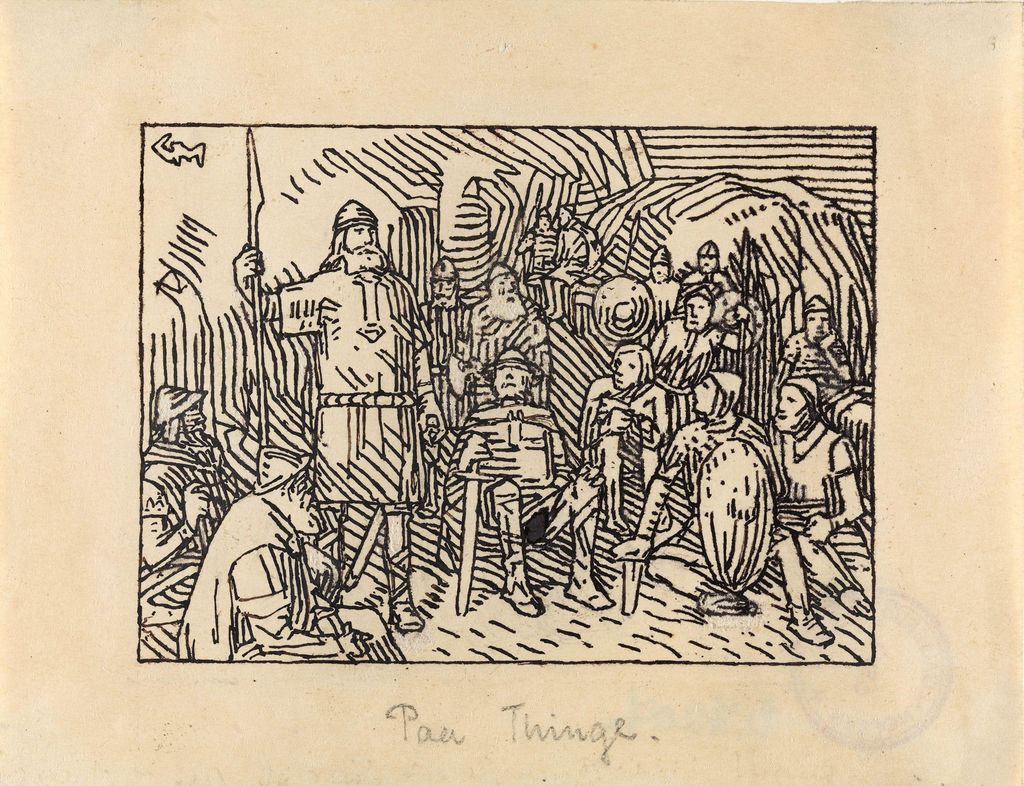 Kongen står oppreist med lanse i hånd, mens de fleste andre sitter. Nesten alle har hjelm og våpen. Illustrasjon.