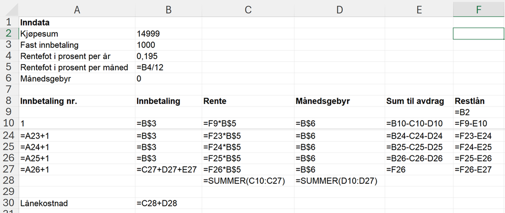 Eksempel på hvordan formelvisningen av regnearket til oppgave 1 j) kan se ut. Regnearket finnes i sin helhet i løsningsfila, som er lagt ved lenger ned på siden. Skjermutklipp.