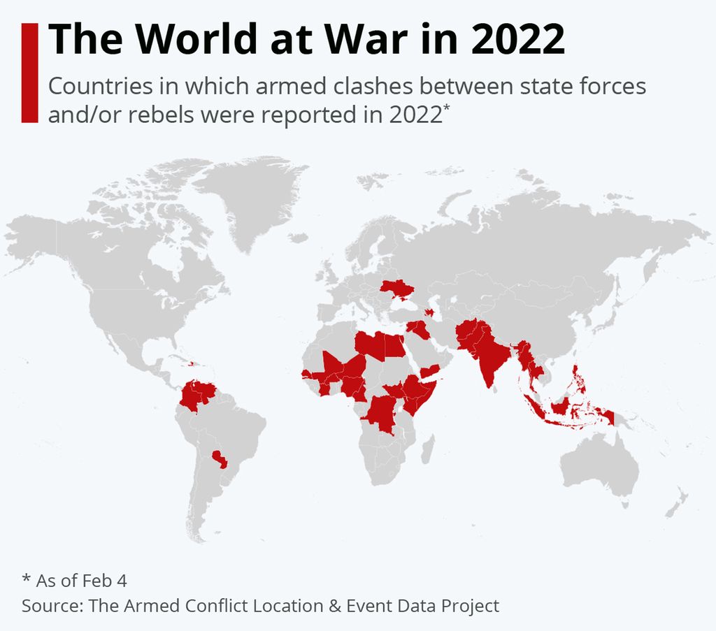Map showing the countries in the world that are at war. Illustration.