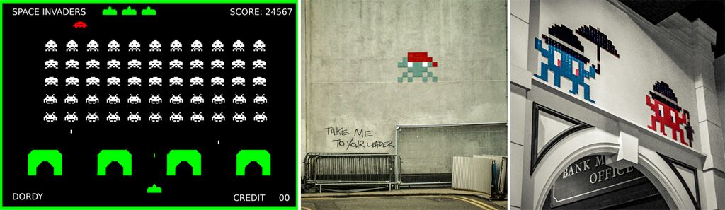 Tre bilder som viser pc-skjerm med spillet Space Invaders og gatekunst inspirert av dataspillet. Foto.