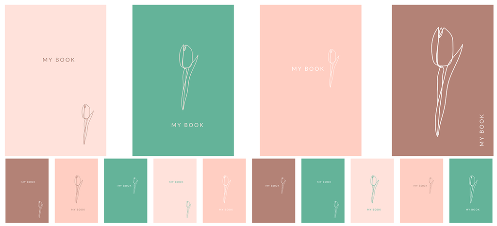 En serie med notatbøker med helhetlig design. Alle framsidene har den samme skissen av en tulipan og teksten "My book", de to elementene er bare ulikt plassert på de forskjellige framsidene. Illustrasjon.