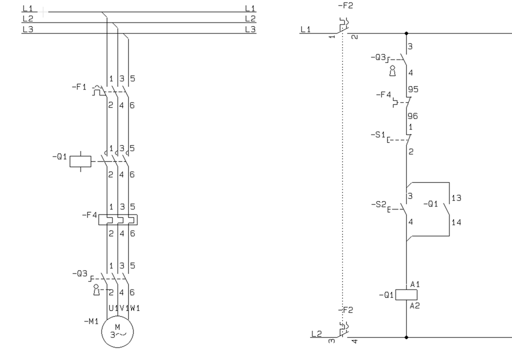 Skjema over hovudstraum og styrestraum for enkel start og stopp av asynkronmotor. Foto.