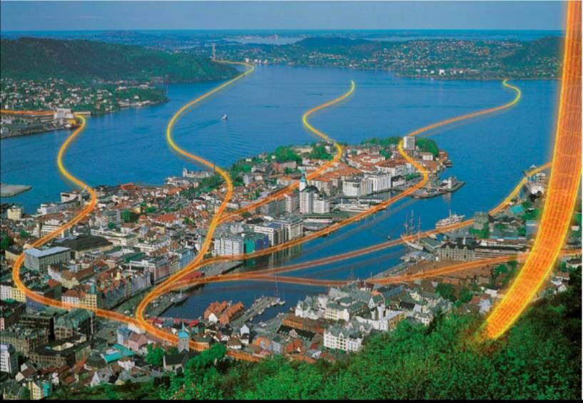 Brønnutbredelse over Bergen, sett fra Fløyen. Illustrasjon.