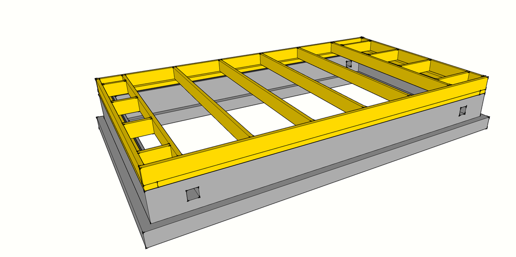Flere bjelker ligger i et bjelkelag på en grunnmur. Tegning.