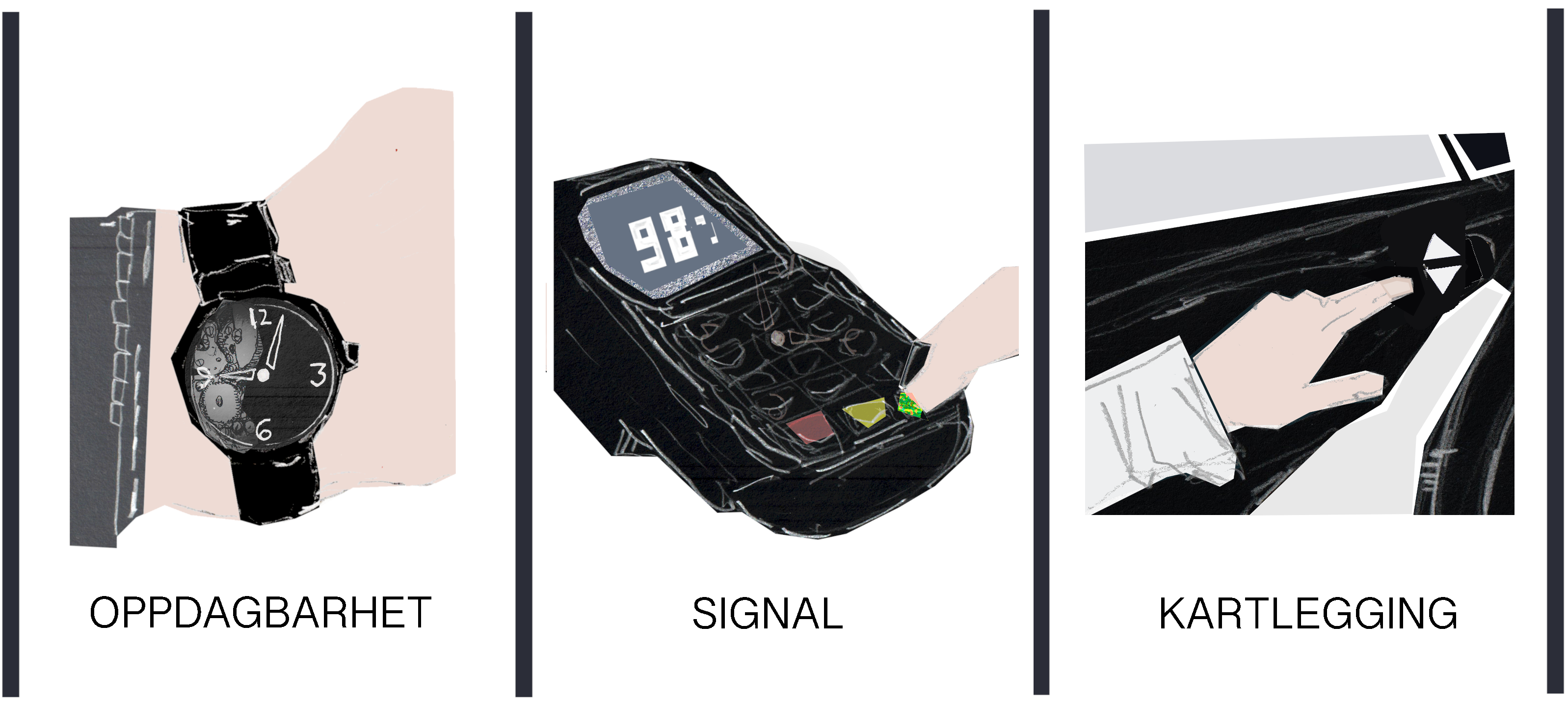 Armbandsur på eit handledd. Tannhjula i klokka er viste bak urskiva. Illustrasjon.