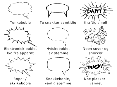Eksempel på at bobler kan brukast for å markere kven som snakkar og lyder som blir laga. Illustrasjon.