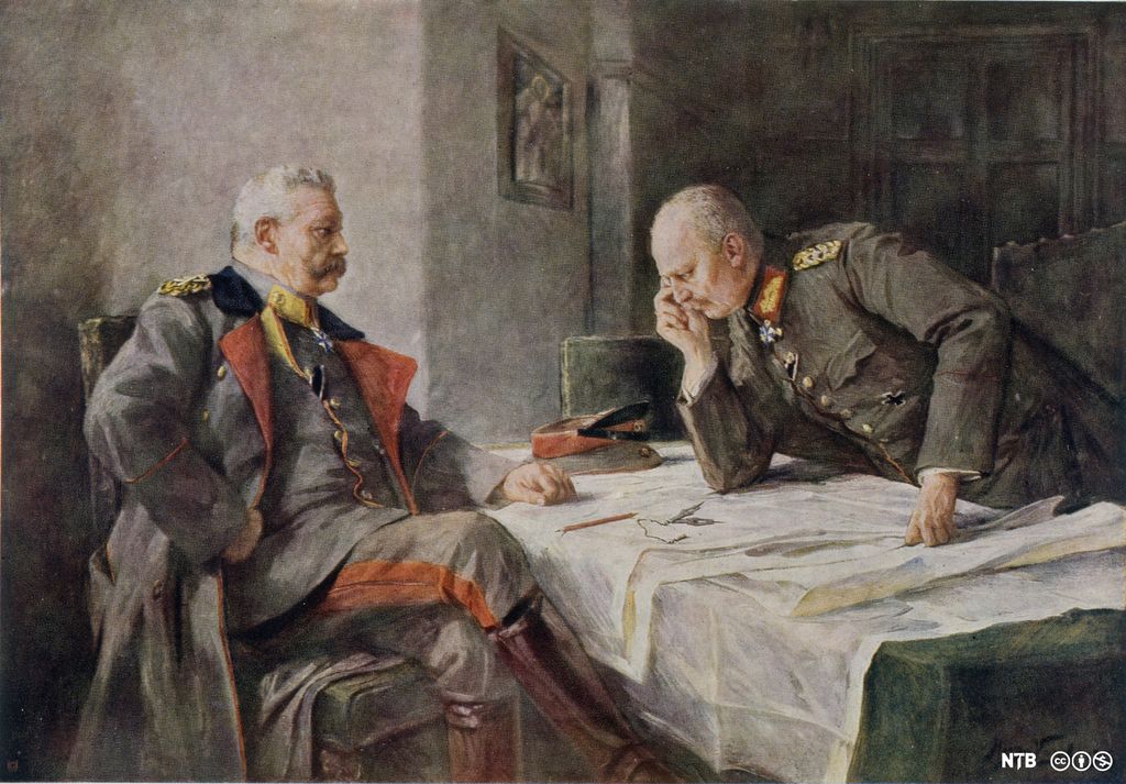To menn i militæruniformer studerer et kart. Maleri.