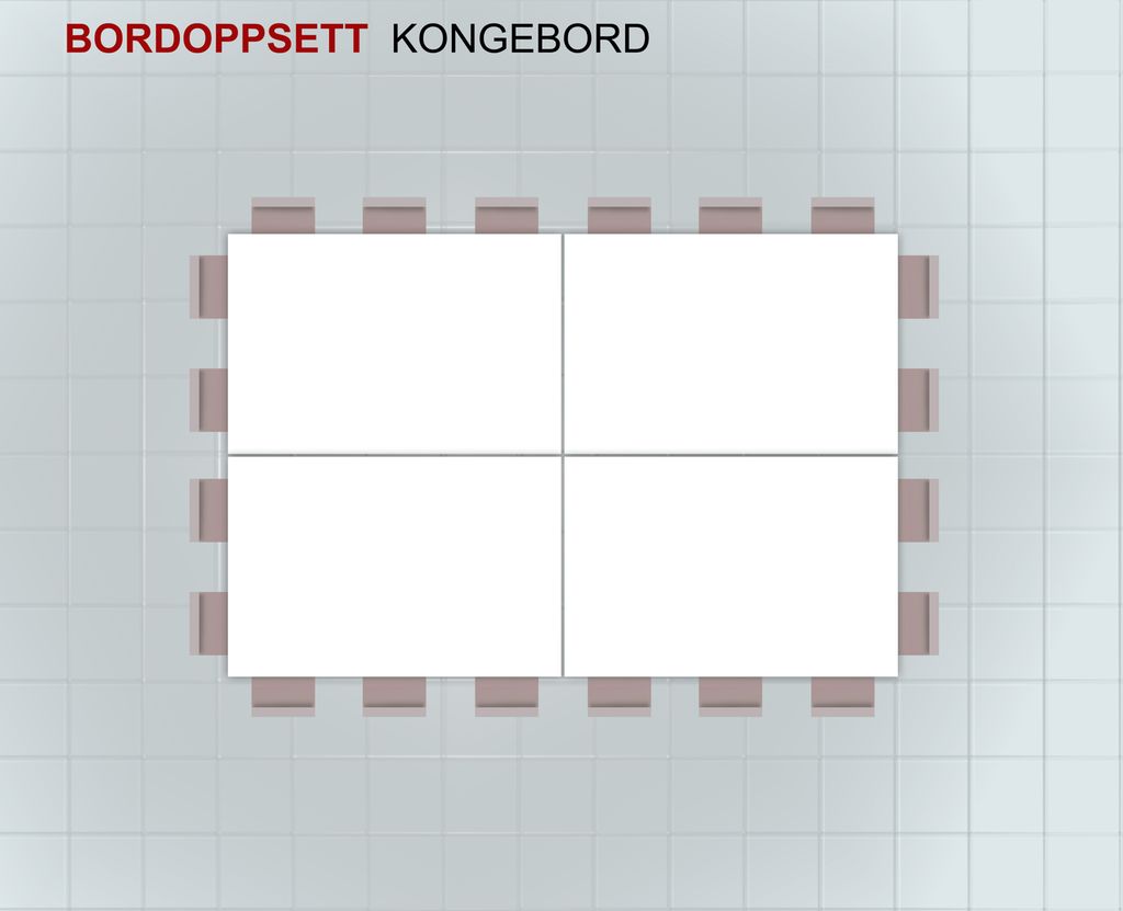 Kongebordoppsett, hvor fire rektangulære bord er satt sammen, og stoler står langs utsiden på alle kantene. Illustrasjon.