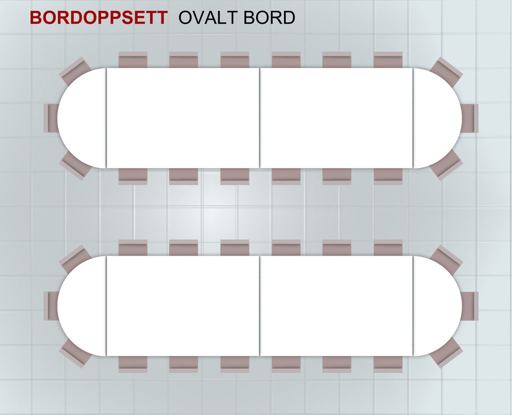 Ovalt bordoppsett, hvor rektangulære bord er satt sammen med halve rundbord på siden slik at det danner en oval. Stolene står plassert langs hele bordet. Illustrasjon.