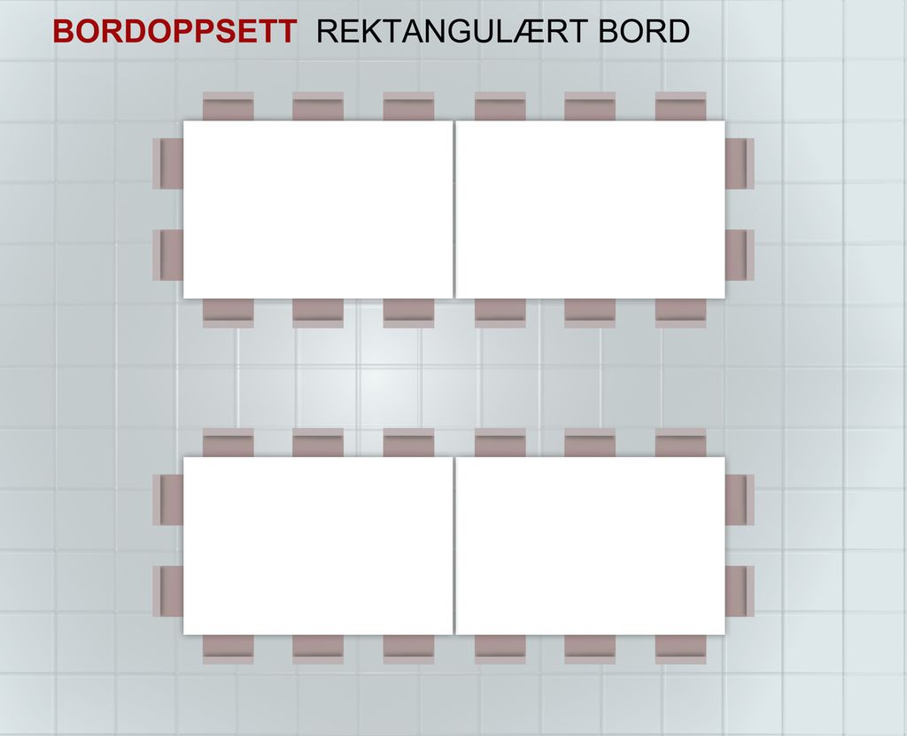 To rektangulære bord er satt opp ved siden av hverandre med stoler rundt begge bordene. Illustrasjon.