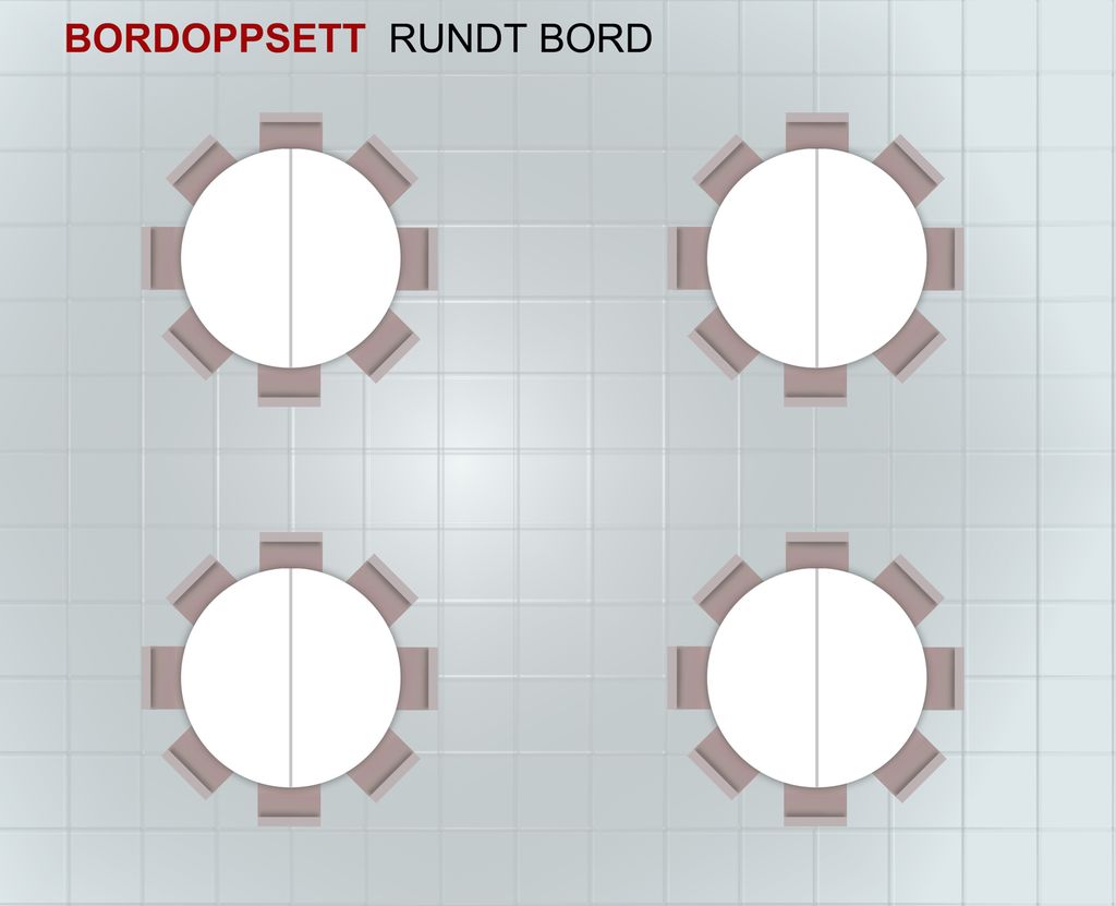 Bordoppsett hvor fire runde bord er plassert med lik avstand fra hverandre. Illustrasjon.