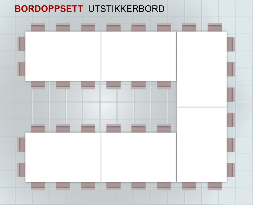 Bordoppsett med rektangulære bord som er satt sammen slik at det danner en u. Illustrasjon.