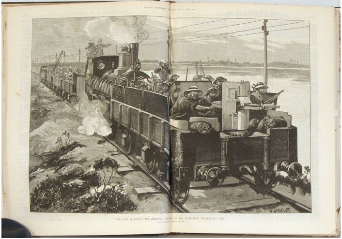 Illustrasjon av britiske troppar på eit damptog i Egypt i 1882. 
