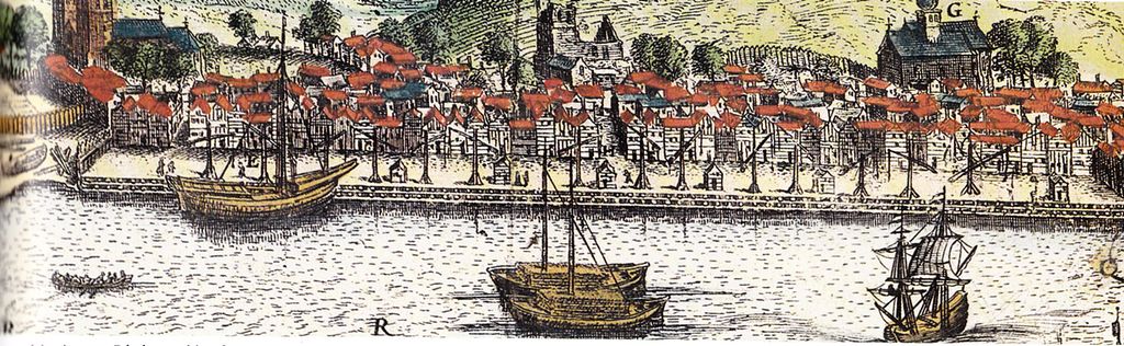 Bryggebygninger og annen bebyggelse. Båter i forkant. Illustrasjon.