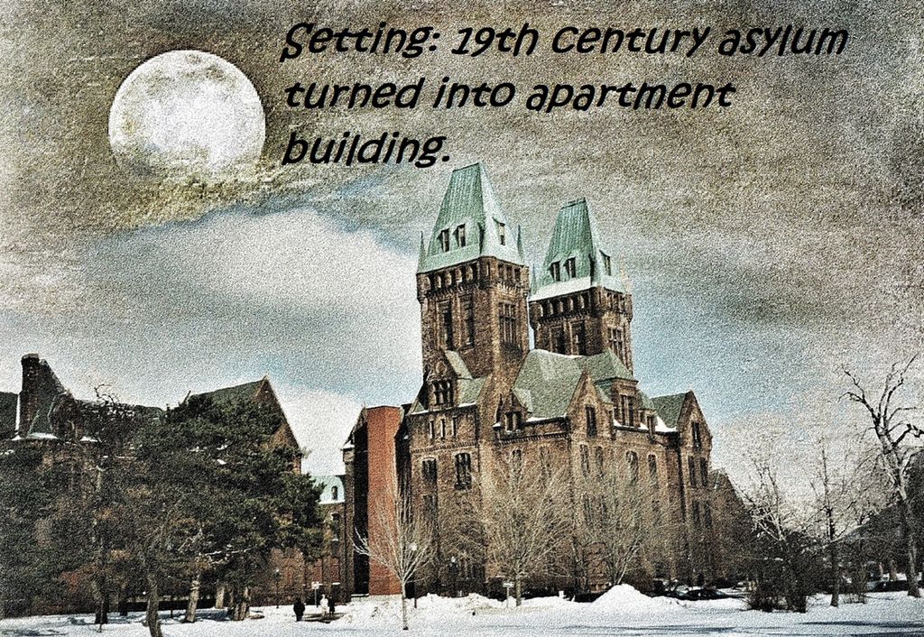 A large stone building with two towers. A large moon penetrates a grey sky. The building is a former asylum in Buffalo, New Jersey. There is writing: "Setting, 19th century asylum turned into apartment building". Photo.